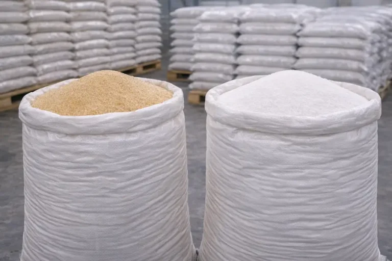 Azúcar estándar y refinada en proceso de almacenamiento industrial dentro de bodega mayorista