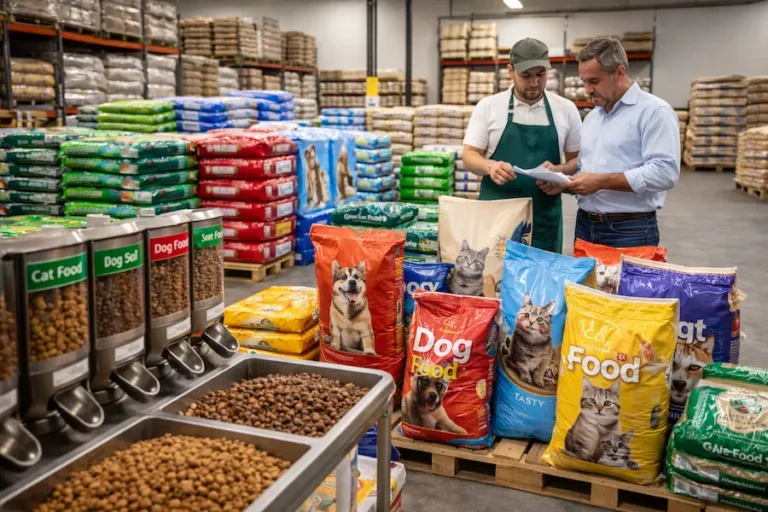 Distribución mayorista de alimento para mascotas en bodega con croquetas para perro y gato listas para reventa