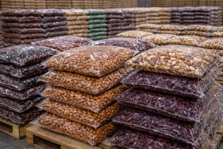 Empaques industriales de frutos secos a granel listos para distribución mayorista