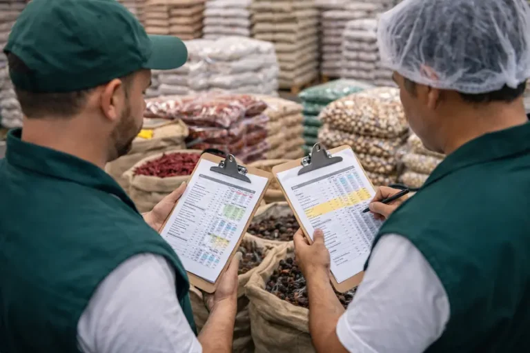 Empleados revisando catálogo de precios mayoristas en bodega de abarrotes