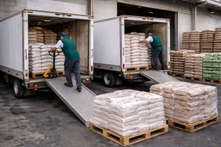 Carga industrial de abarrotes en camiones de reparto dentro de bodega mayorista