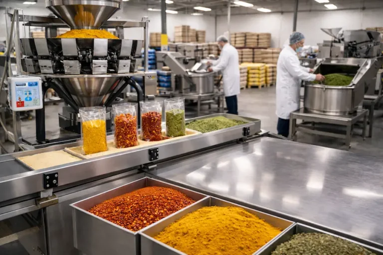 Proceso industrial de empacado automático de especias y condimentos en empacadora mayorista con maquinaria de acero inoxidable