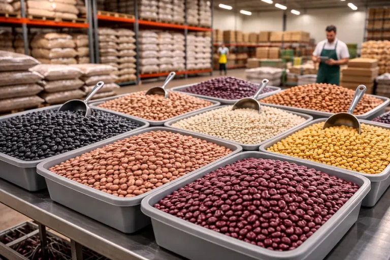 Frijol por mayoreo en contenedores industriales dentro de empacadora de granos y semillas